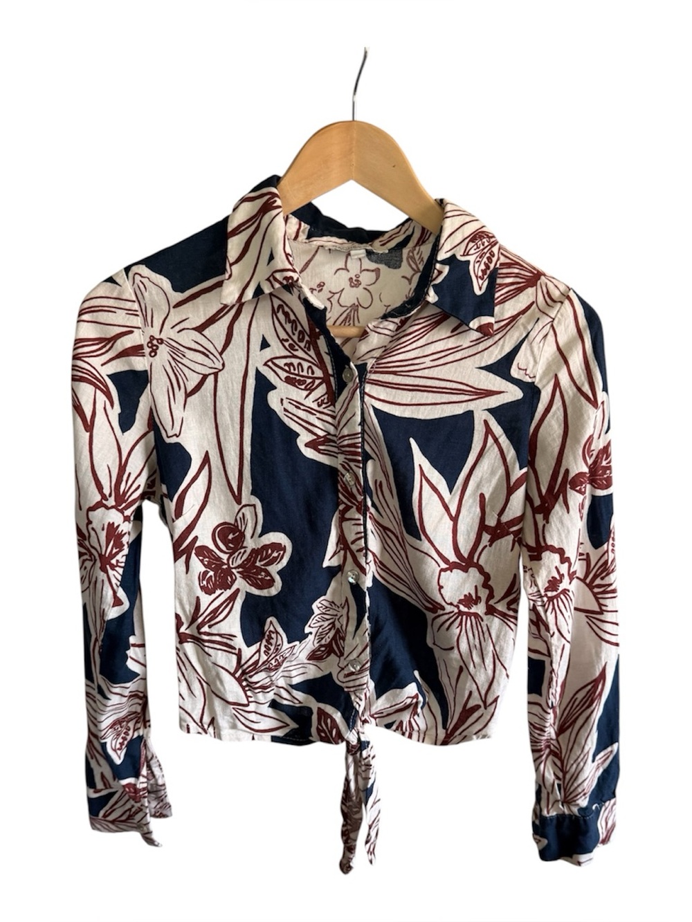 Rachel Zoe Women's Navy and Cream Floral Tie-Front Button-Up Top Blouse XS